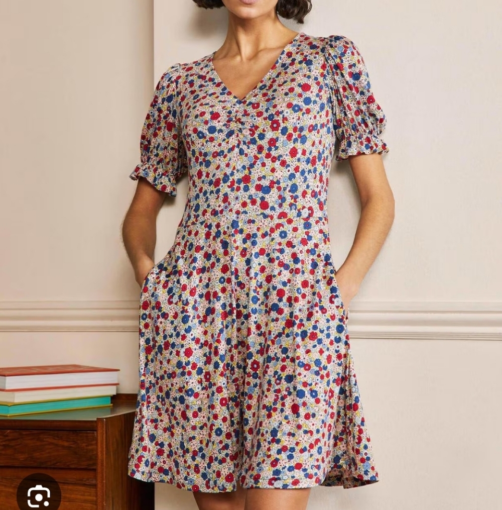 NWT Boden Blue Floret Cluster Puff Sleeve Jersey Minidress